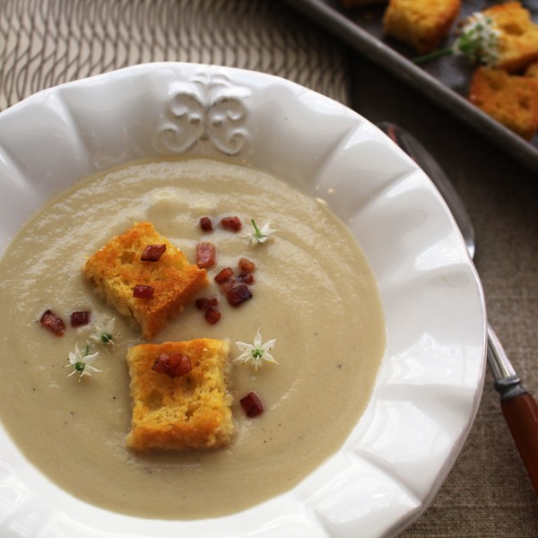 Turnip Soup With Crispy Country Ham And Cornbread Croutons